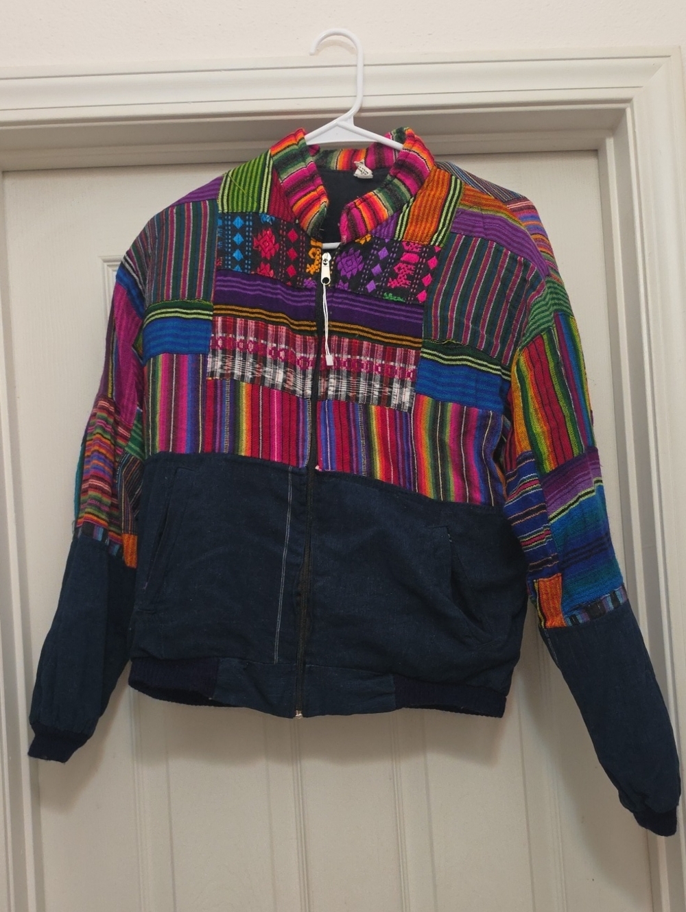 Hademade In Guatemala  Multicolor Patchwork Bomber Jacket with Navy Denim Base